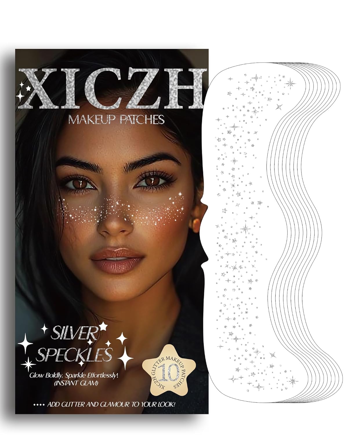 Face Glitter, Body and Face Glitter Makeup Patches for Women Girls, Waterproof Festival Rave Accessories fit Country Concert Outfits (Silver - 10 pcs)