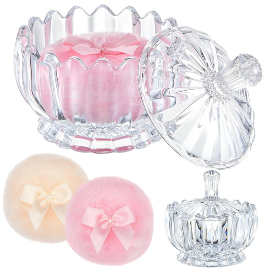 Tioncy 3 Pcs Large Body Powder Puff and Container Powder Container with Puff Powder Puff Crystal Container Soft Washable Reusable Velour Face Body Glitter Powder Puff Wet Dry Makeup(Clear,Cute)
