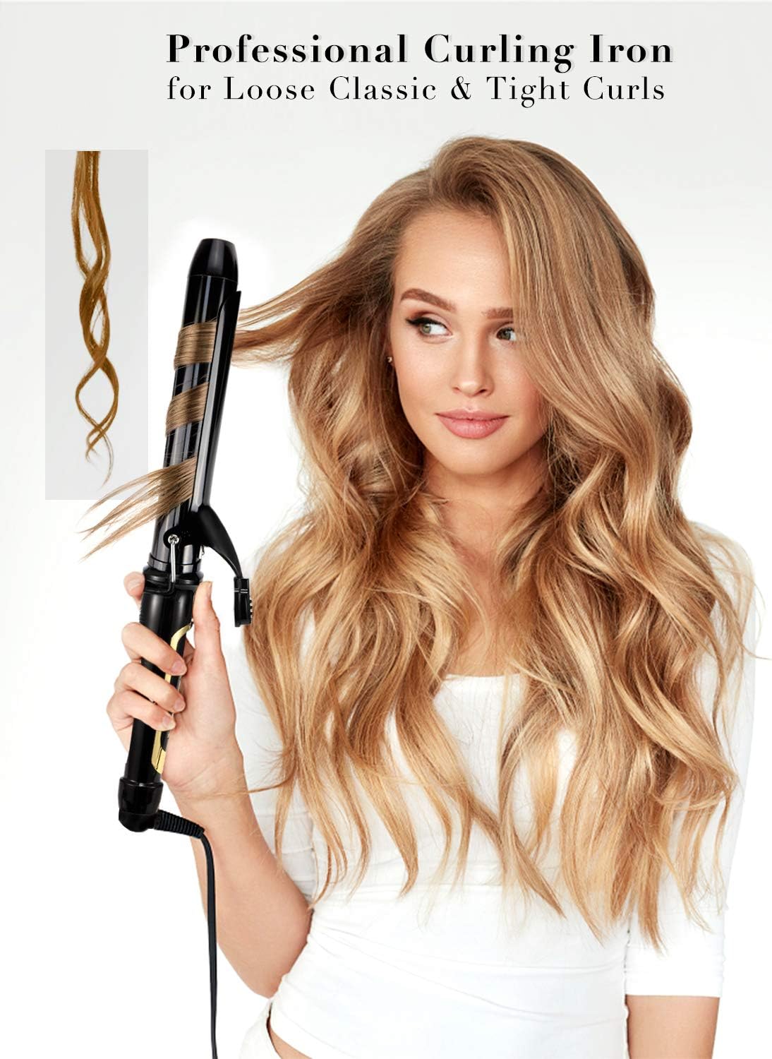 LANVIER 1.25 Inch Curling Iron, Extra Long Barrel 1 1/4 Inch Curling Iron for Long Hair up to 450F, Worldwide Dual Voltage Hair Curler for Traveling, Hair Waving Style Tool Black
