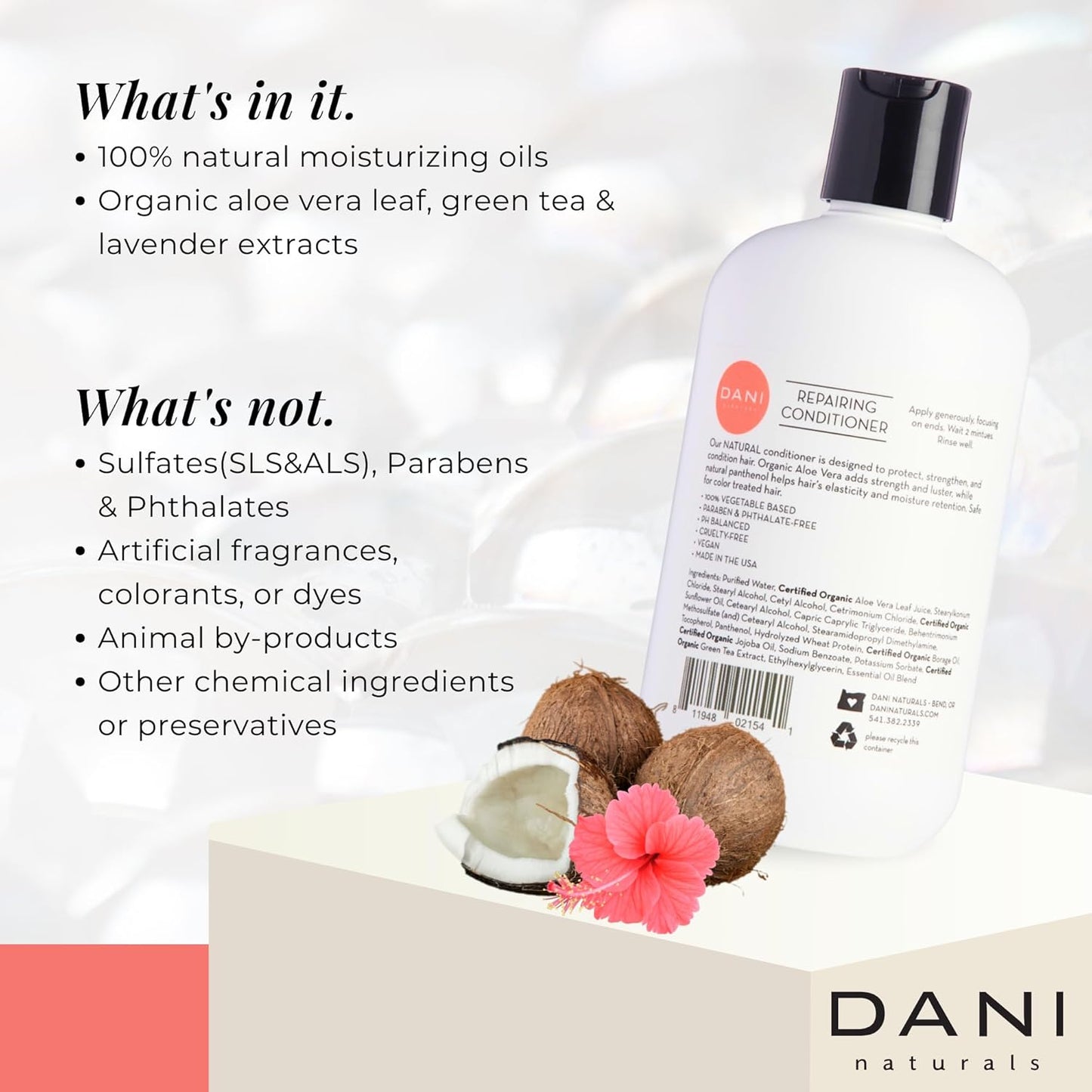 DANI Naturals Conditioner – Coconut Hibiscus, Strengthening & Hydrating for Dry or Damaged Hair, Lightweight & Nourishing, Vegan & Color-Safe, 12 oz