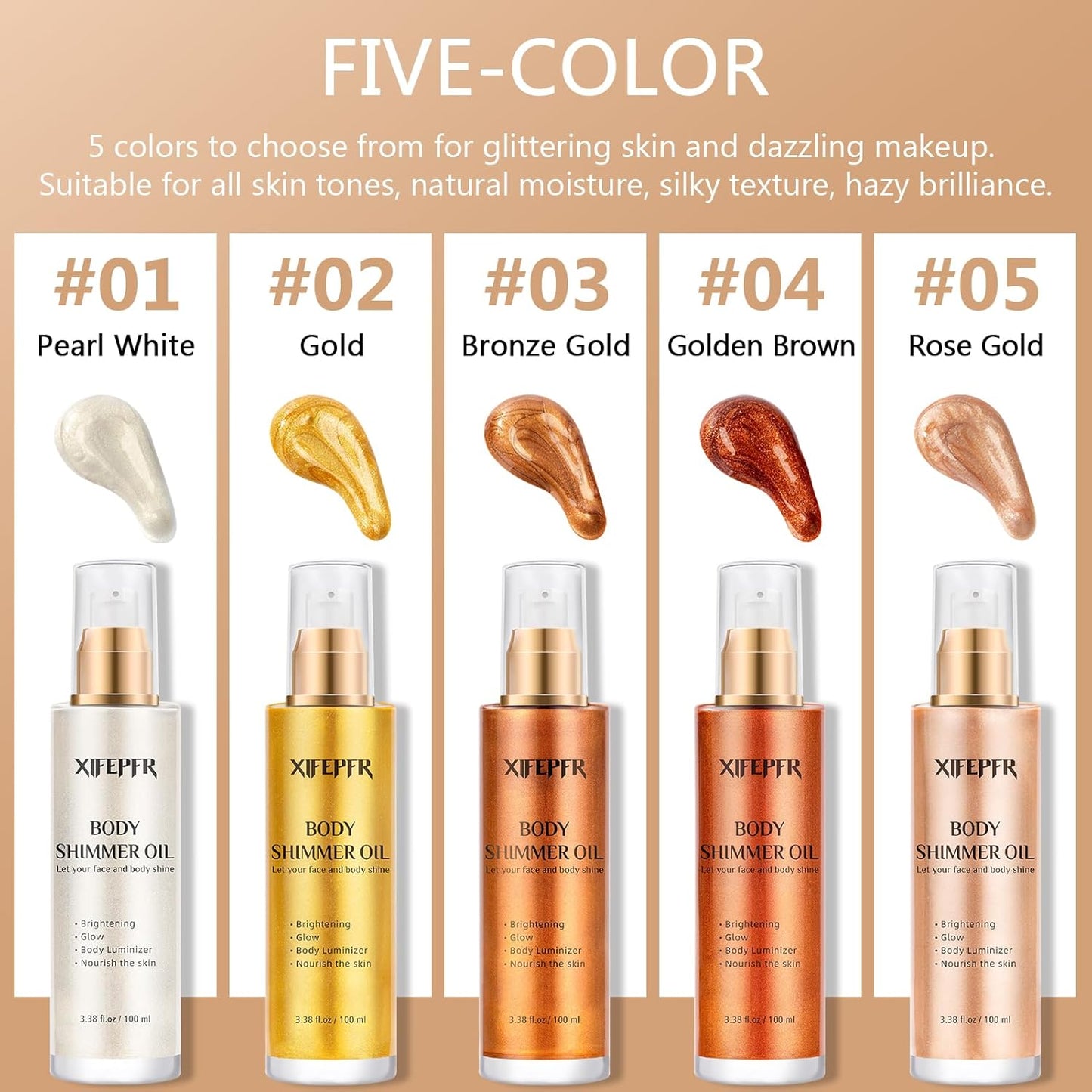 Body Shimmer Oil, Bronze Gold Luminizer Face Highlighter Liquid Illuminator With Makeup Brush, Long Lasting Moisturizing Glitter Oil for Makeup Brighten