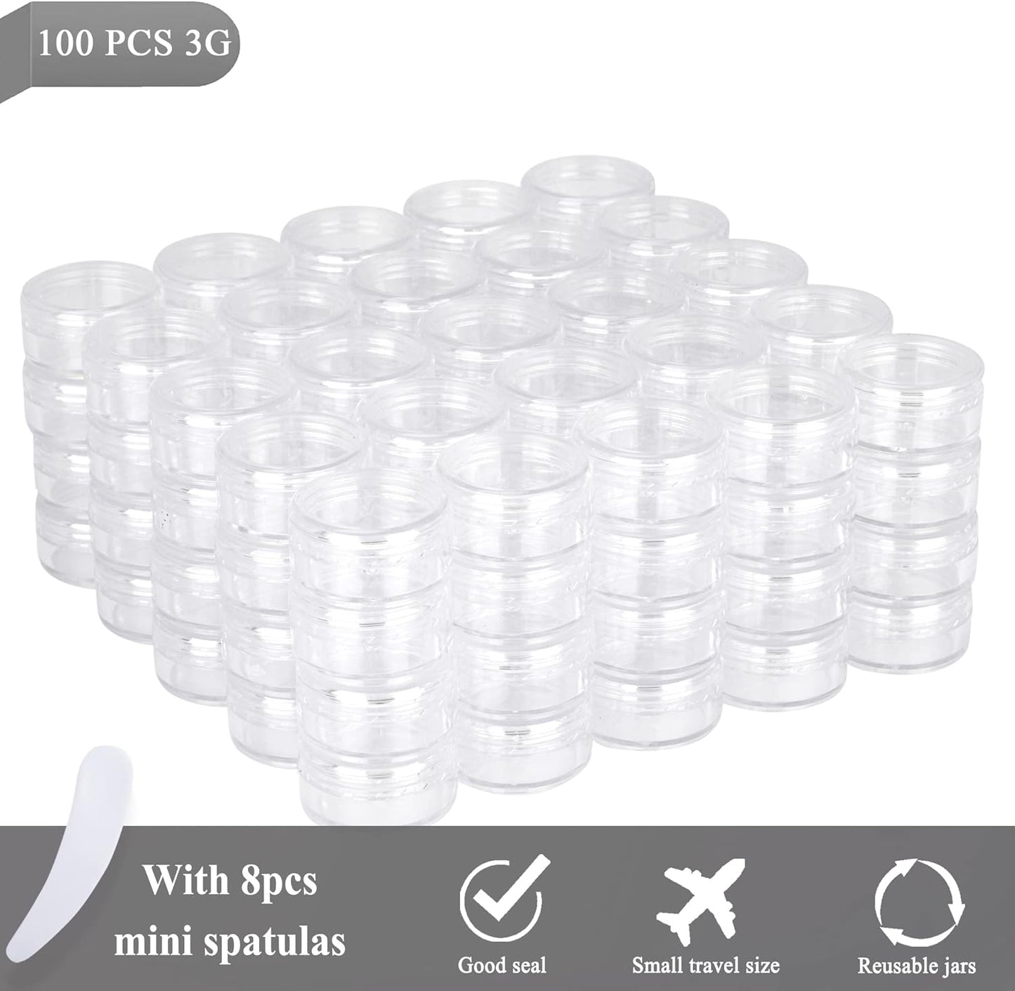 100PCS 3 Gram Sample Containers, 3ml Empty Jars with Lids, Small Cosmetic Containers, Mini Sample Jars with 8PCS Mini Spatulas for Make Up, Oils, Lotion, Powder, Paint, Jewelry, Lip Balms(Clear Lid)