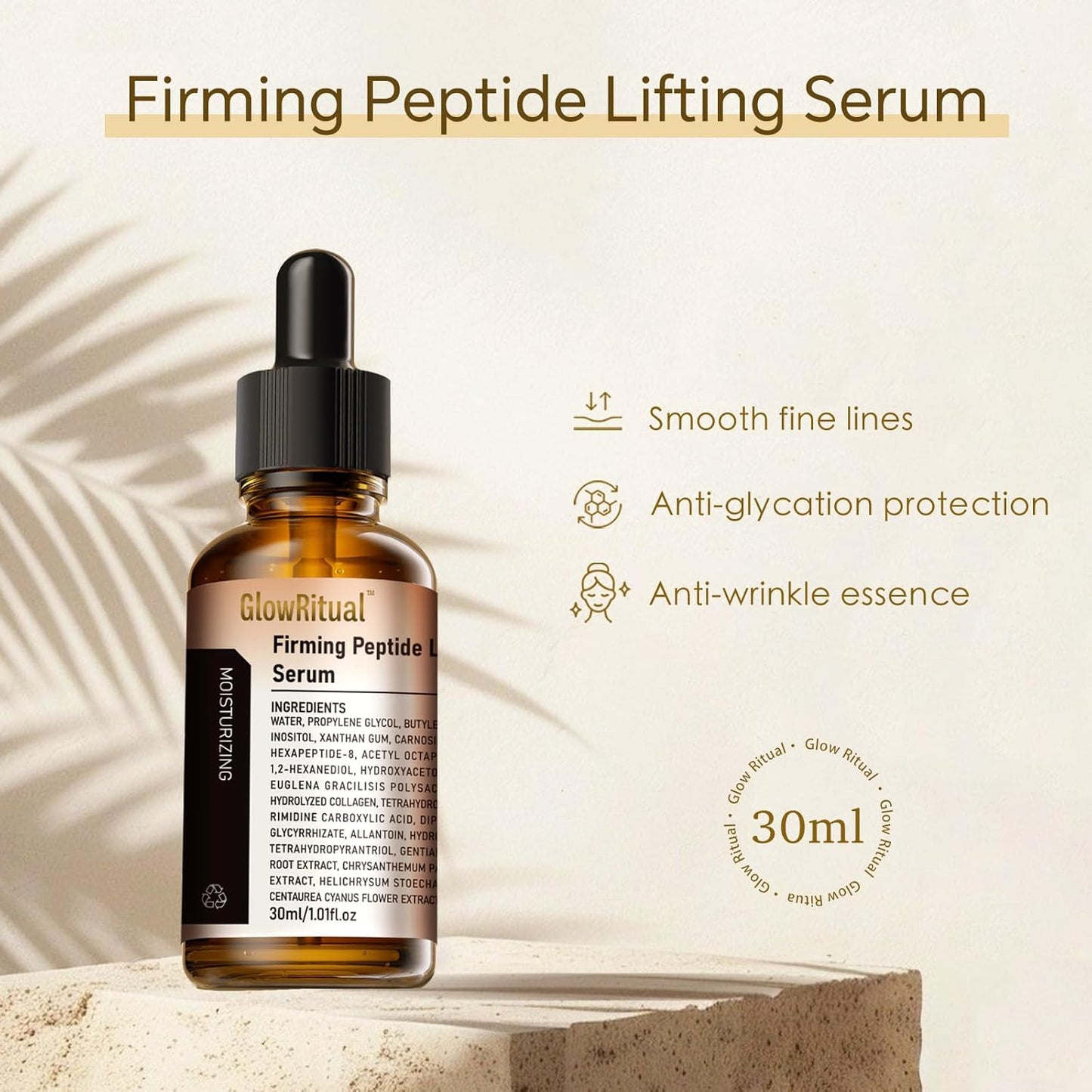 GlowRitual Firming Peptide Lifting Serum — Hydrating, Anti-Aging Face Serum; Multi-Peptides & Natural Ingredients, Boosts Elasticity & Radiance, Smooths the Look of Fine Lines, Most Skin Types