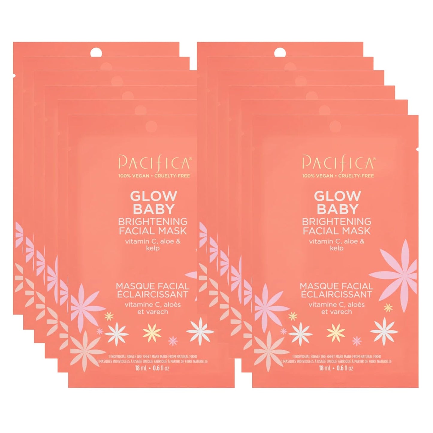 Pacifica Sheet Face Mask - 12 Pack - Glow Baby Brightening Facial Mask w/Vitamin C, Aloe & Kelp – Cooling Mask for Dark Spots & Fine Lines - Clean Beauty Vegan & Cruelty-Free Dermatologist Tested