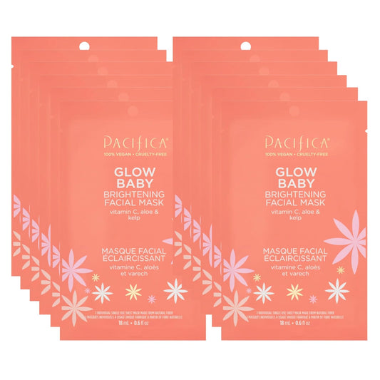 Pacifica Sheet Face Mask - 12 Pack - Glow Baby Brightening Facial Mask w/Vitamin C, Aloe & Kelp – Cooling Mask for Dark Spots & Fine Lines - Clean Beauty Vegan & Cruelty-Free Dermatologist Tested