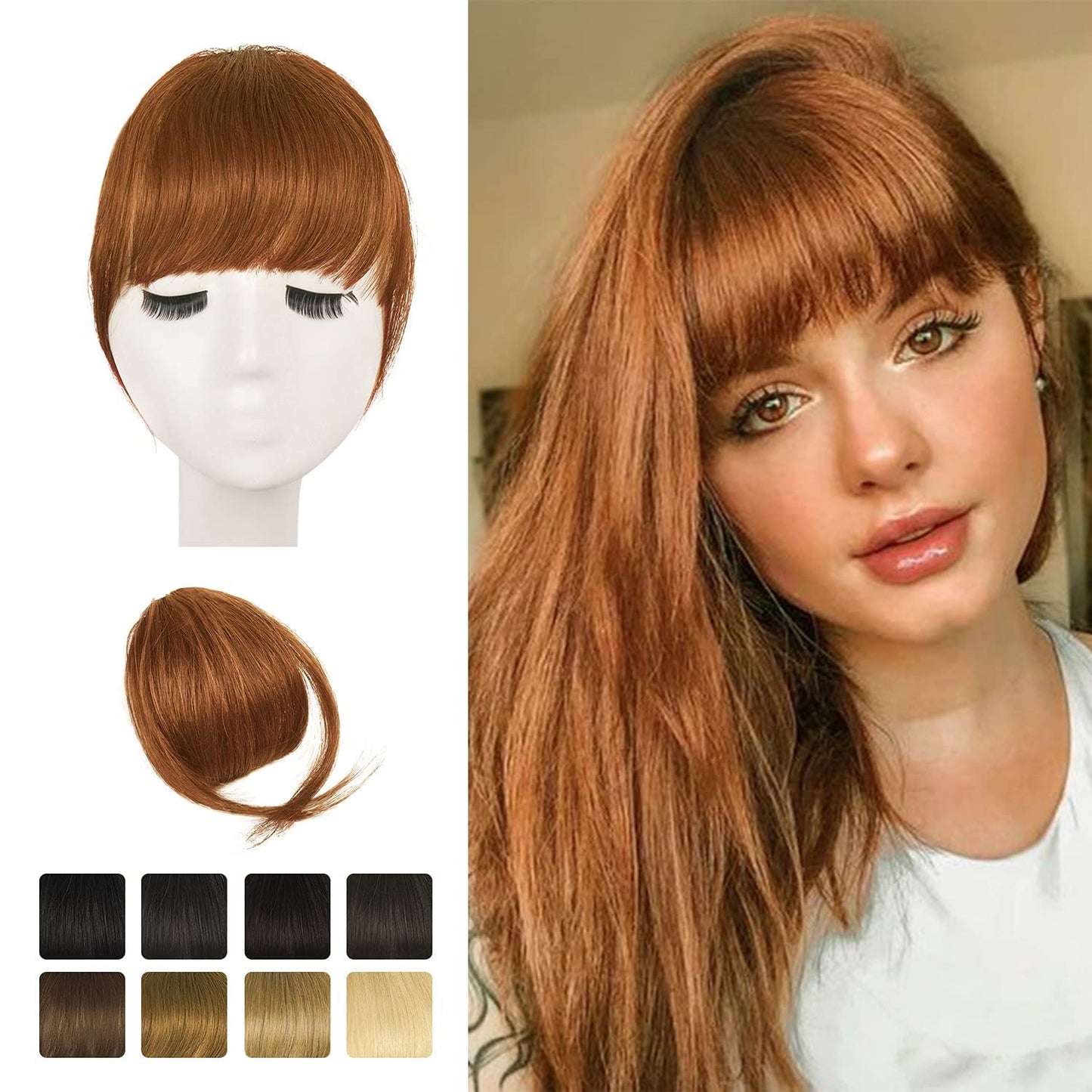 BARSDAR Real Human Hair Clip in Bangs - Human Hair Clip in Bangs for Women - Auburn Thick Bangs Extensions Fringe with Temples Dyeable Real Hair Bangs Hairpieces - Medium Auburn