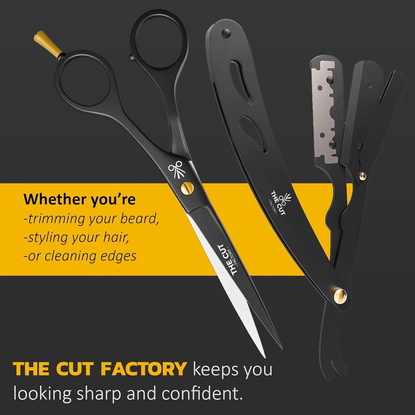 The Cut Factory- Pro Line Extremely Sharp Razor Edge Hair Cutting Scissors Ofset Handle Hair Scissors (BLACK)
