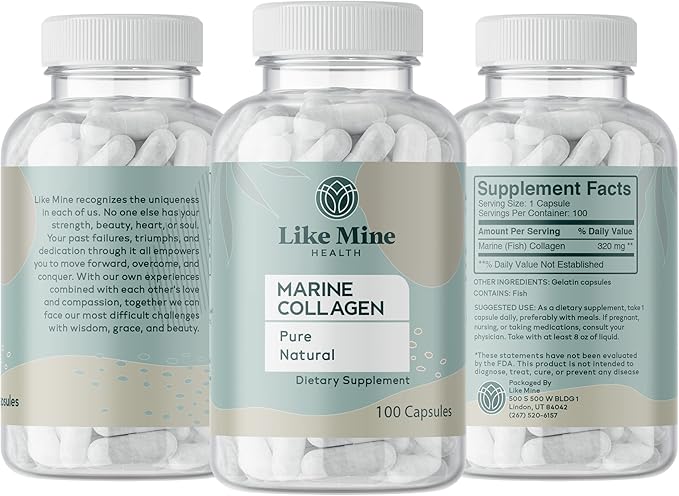 Like Mine Marine Collagen (100 Capsules), No Fillers, Pure & Natural, Bioavailable