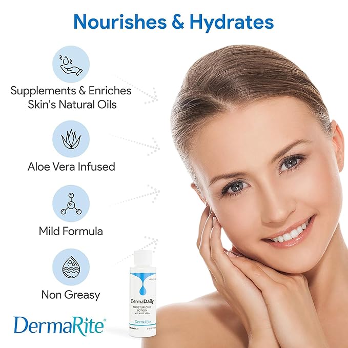 DermaRite's DermaDaily Moisturizing Lotion for Hand and Body - Daily Use Skin Moisturizer with Aloe Vera, Non-Greasy Formula - 7.5 oz. Bottle, 2 Count