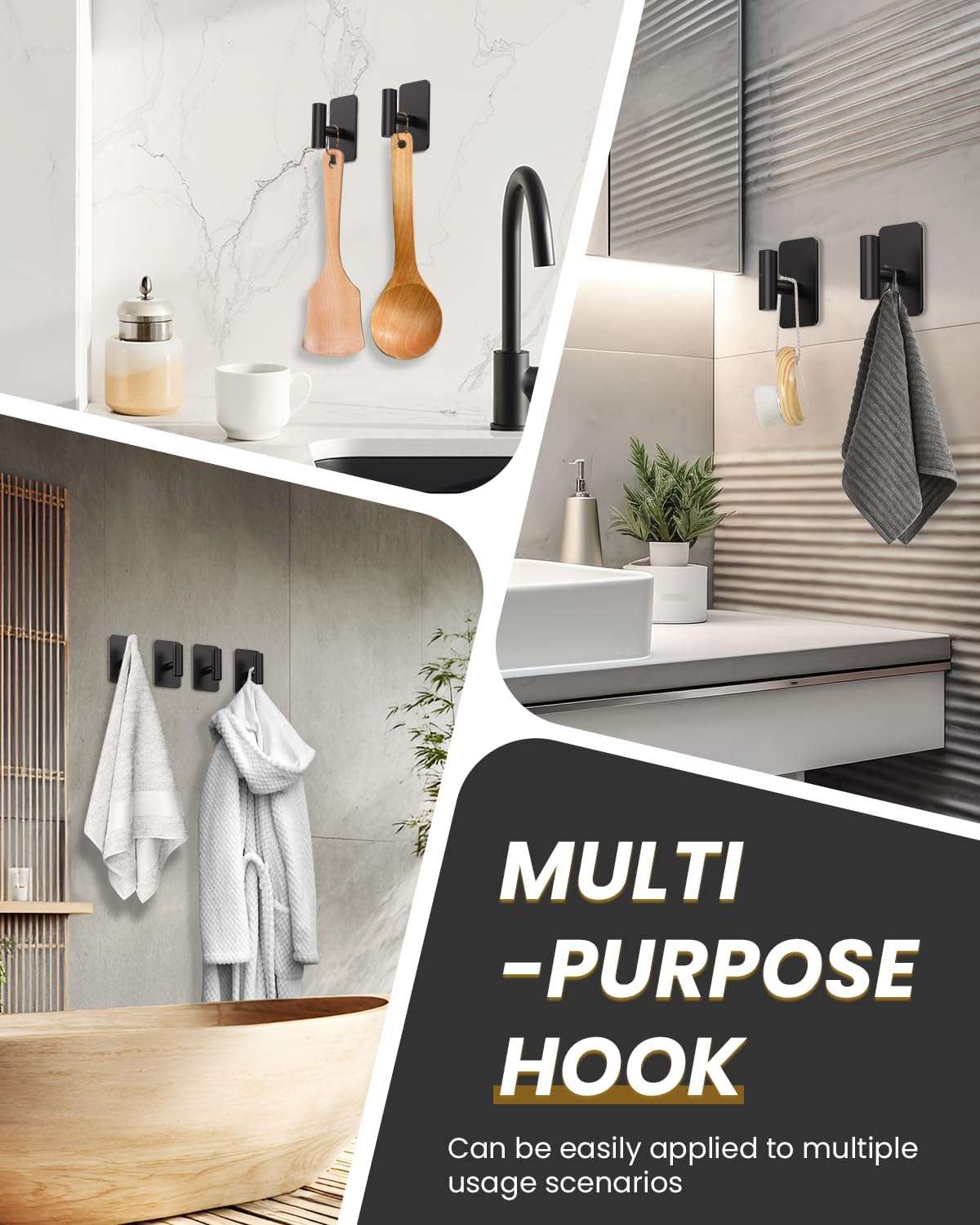 Heavy Duty Adhesive Hooks - 26lb Max, Sticky Wall Hooks Waterproof Stainless Steel for Hanging Towel, Coat, Robe, Towel Hooks Stick on Bathroom, Kitchen, Shower, Door (Black, 4 Pack)