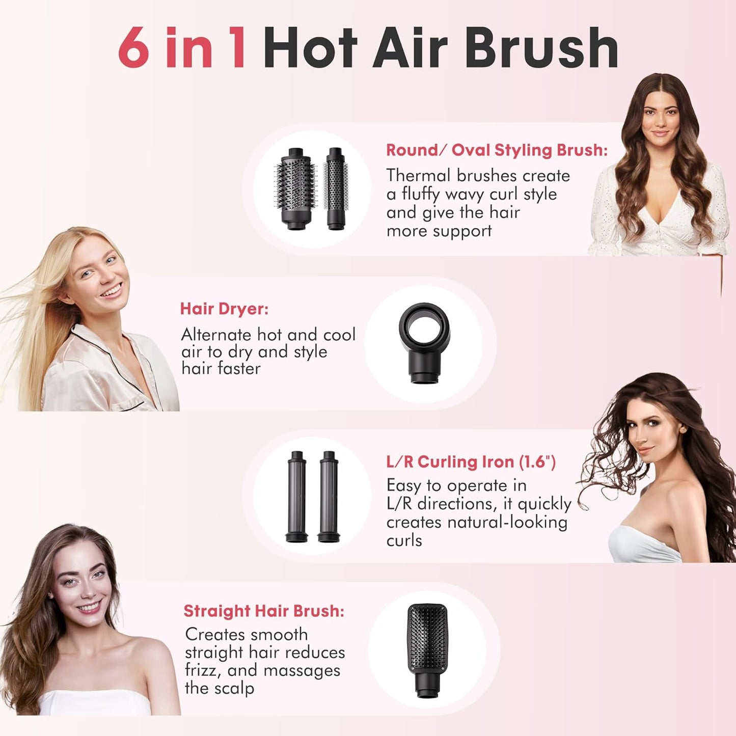 6 in 1 Air Wrap Hair Styler - Hair Dryer Brush Set, Powerful Multi-Styler Blow Dryer Brush with Auto-Wrap Curlers, thermal Brushes for Drying/Curling/Straightening, Hair Styling Tools for Travel, Grey