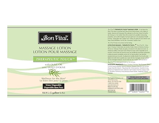Bon Vital' Therapeutic Touch Massage Lotion with Olive Oil to Repair Dry Skin & Soothe Sore Muscles, Skin Therapy Lotion, Moisturizes Skin During Massages for Smooth, Soft Skin, 5 Gal, Label may Vary