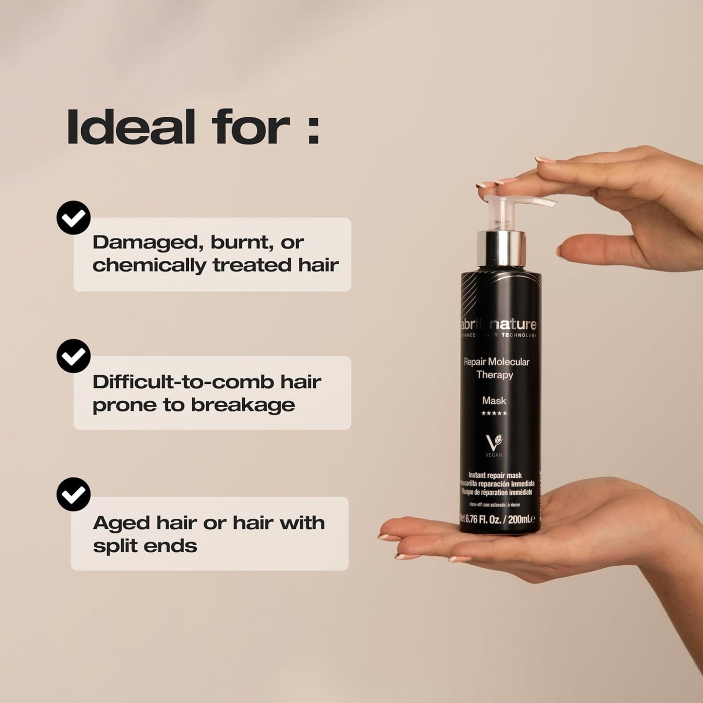 abril et nature - Professional Mask Molecular Therapy - For Damaged, Overprocessed, or Aging Hair - Restructures, Repairs, and Fills the Hair Fiber - Nourishing and Hydrating - Vegan - 200 ml