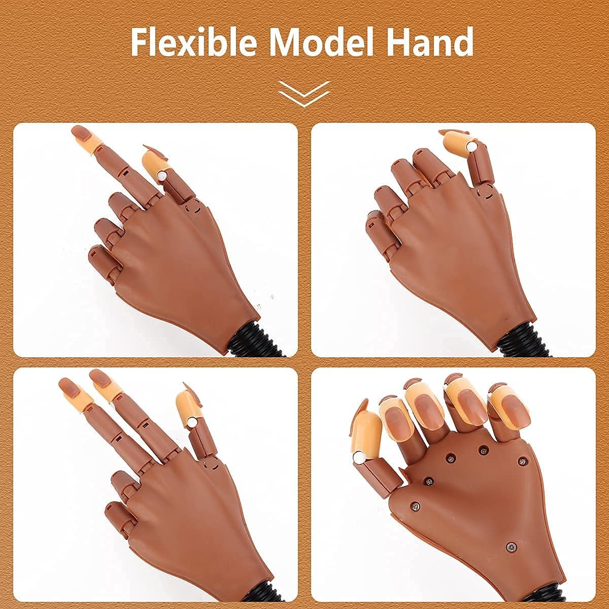 Practice Hand for Acrylic Nails, Professional Nail Practice Hand Nail Training Hand, Flexible Moveable False Fake Mannequin Hand for Nails Art Practice Display with 100Pcs Brown Fake Nail Tips