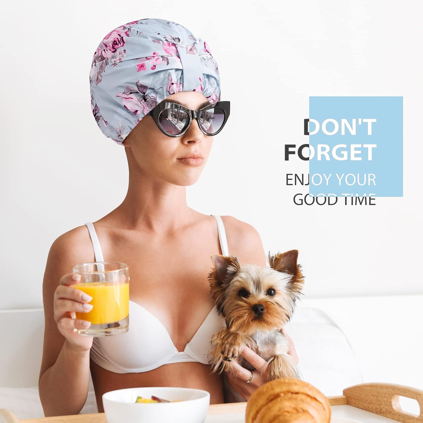 INNELO Luxury Shower Cap for Women Reusable Waterproof, Double Layered Shower Hair Cap with Adjustable Elastic Strap, Large Satin Lined Shower Bath Cap for Long Curly Straight Hair, Blue-Flower