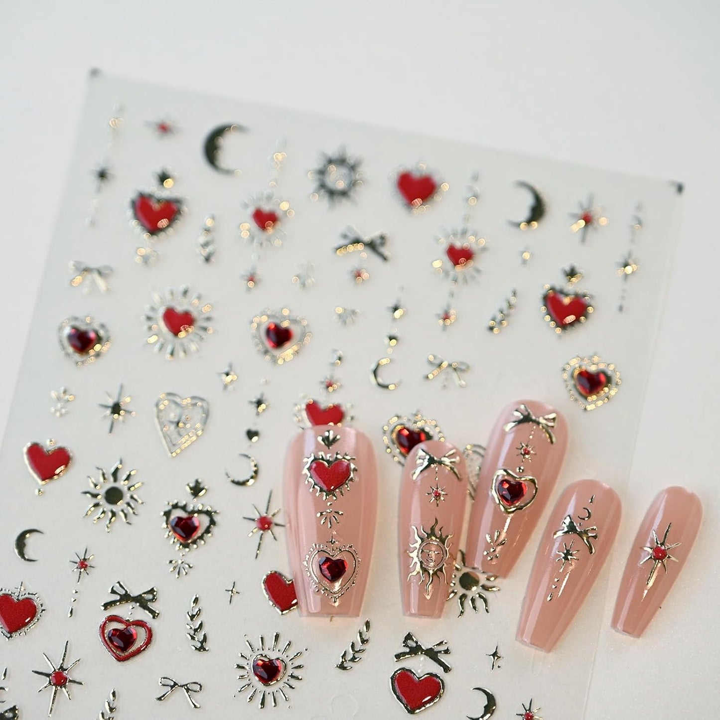 Gold Totem Red Heart Nail Art Stickers, Embossed Moon Star Decals, Self-Adhesive Accessories for Women, Aesthetic Supplies for Nail Design