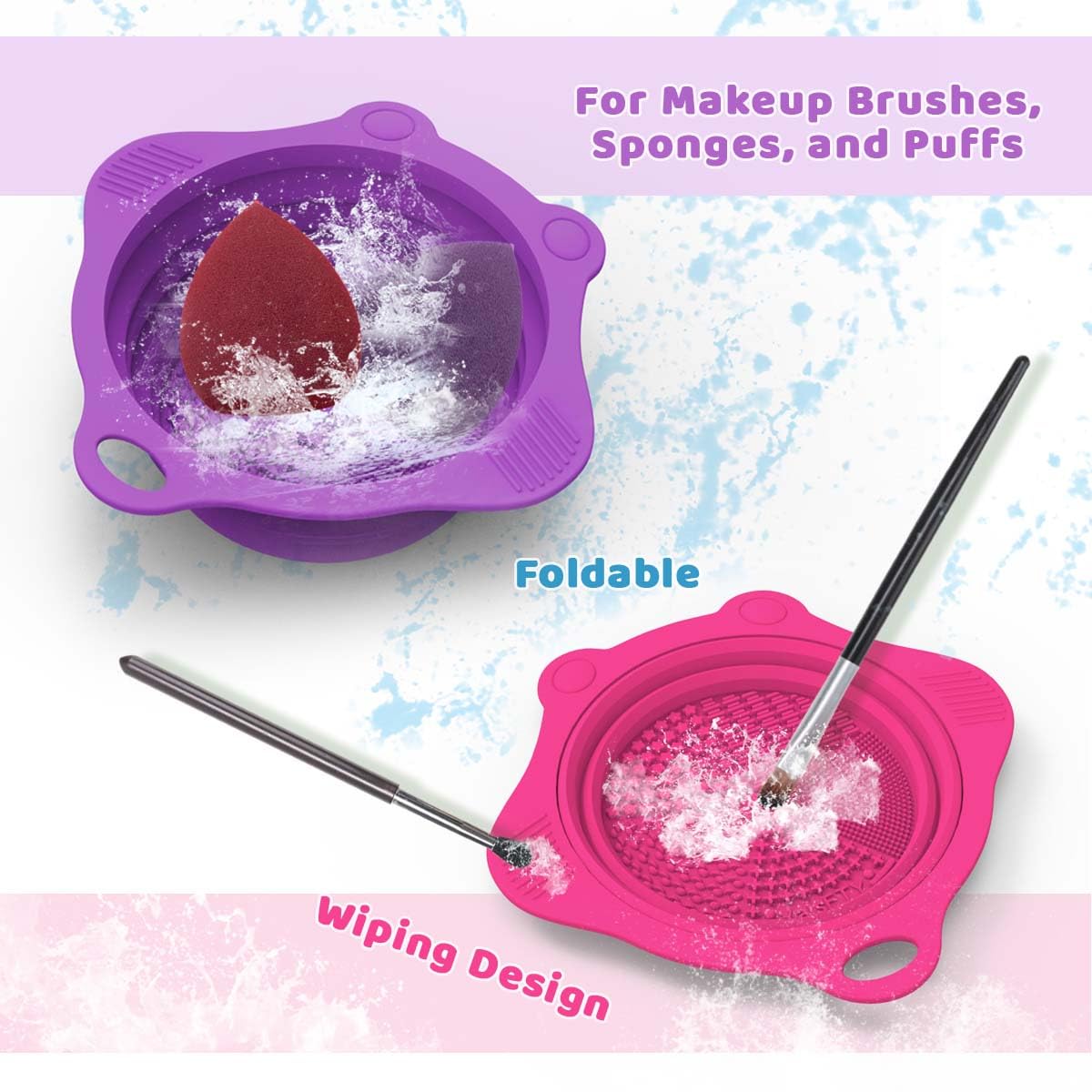 2PC Foldable Silicone Makeup Brush Cleaner Pad Bowls, YalsFTY Portable Mat Scrubber Cleaning Tool for Makeup Brushes (Purple and Rose)