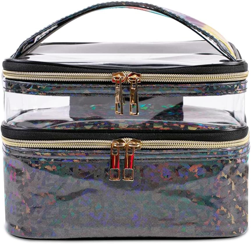 FITINI Makeup Bags Double Layer Travel Storage Cosmetic Cases Make-up Organizer Toiletry Bags Water-resistant for Women Makeup Brush Bag,Black