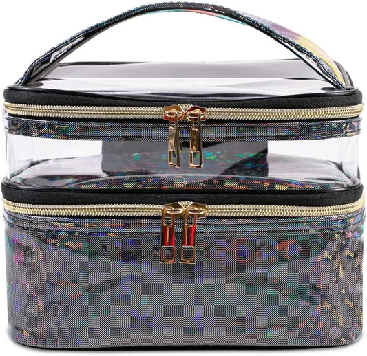 FITINI Makeup Bags Double Layer Travel Storage Cosmetic Cases Make-up Organizer Toiletry Bags Water-resistant for Women Makeup Brush Bag,Black