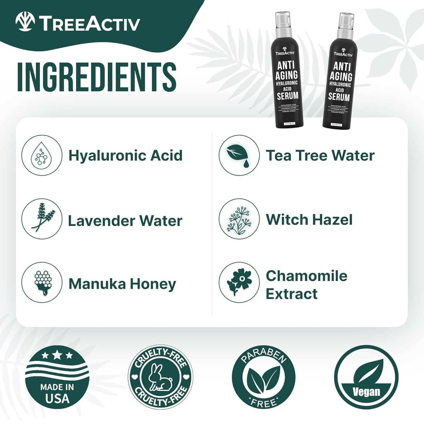 Anti-Aging Hyaluronic Acid Serum for Face 2 oz, Hydrating Wrinkle Repair for Skin Care, Pure Hyaluronic Acid Face Serum for Women, Oil-Free Anti-Aging for Advanced Skin Repair TreeActiv