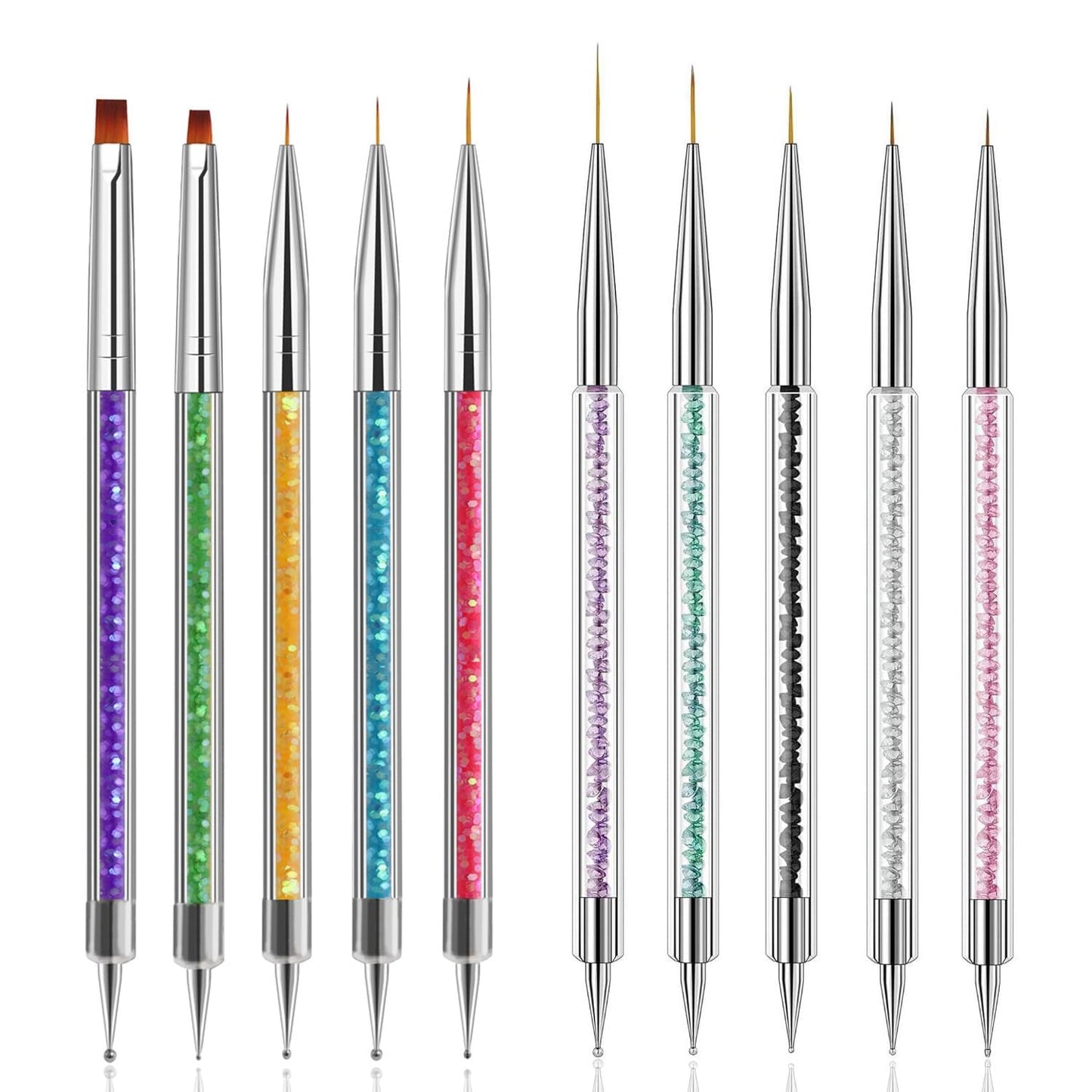 10pcs Nail Art Brushes - Double Ended Liner & Dotting Tools Set, Shiny Handles, Easy To Use Drill Point Drawing Tools for Beginner DIY Design