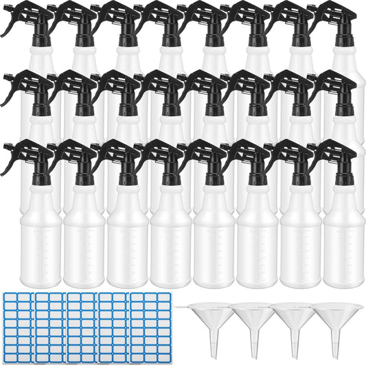 Zubebe 24 Pack 32 oz Plastic Spray Bottle Bulk Empty Leakproof Heavy Duty Spray Bottles for Cleaning Supplies Mist Bottles with Label and Adjustable Nozzle for Plant(Black,Clear Scale)