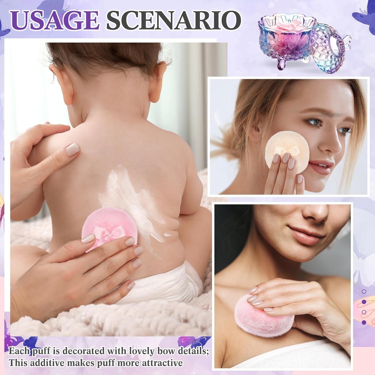 Tioncy 3 Pcs Large Body Powder Puff and Container Powder Container with Puff Powder Puff Crystal Container Soft Washable Reusable Velour Face Body Glitter Powder Puff Wet Dry Makeup(Butterfly, Purple)