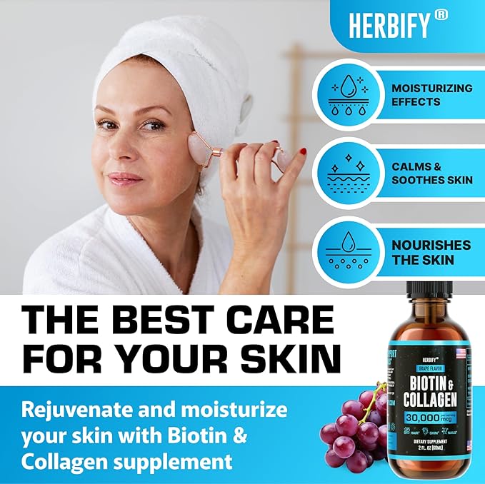 HERBIFY Collagen and Biotin Liquid Drops - Faster Absorption Joint Health Supplement for Hair Growth and Stronger Nails - Hair Skin and Nails Vitamins for Women and Men - B7 Supplement - Made in USA