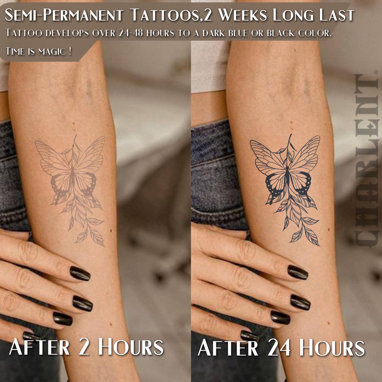 CHARLNET Butterfly Semi-Permanent Tattoos for Women - 2 Weeks Long Last,Realistic Butterfly Fake Tattoos for Body Art/Fades Naturally/No Reflection/Waterproof
