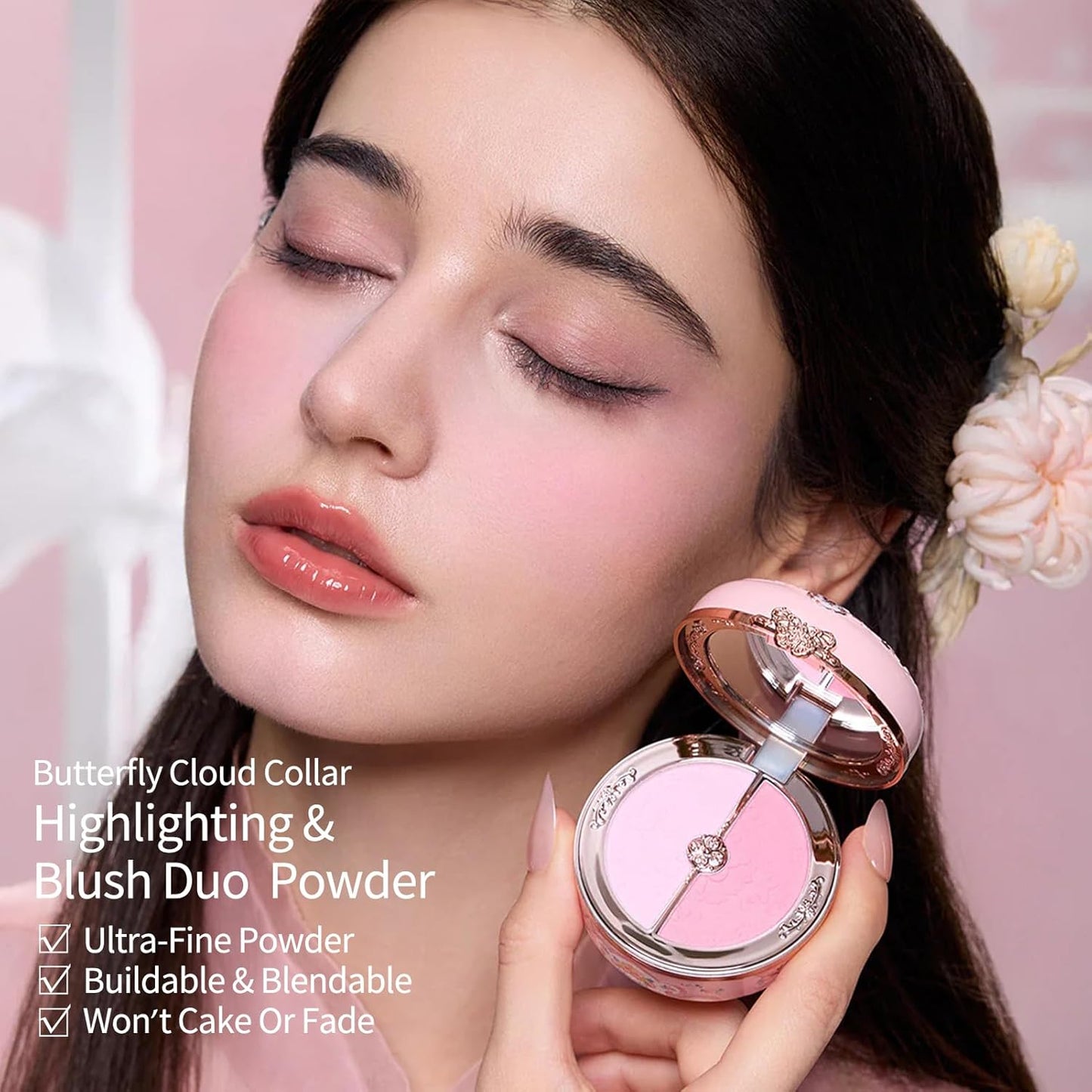 Flower Knows Butterfly Cloud Collar Rouge Box Highlighting & Blush Duo Powder,Pink Matte Finish Blush & Highlighter Palette,Buildable & Blendable Makeup Blush for cheeks(03 Pastel Lotus)