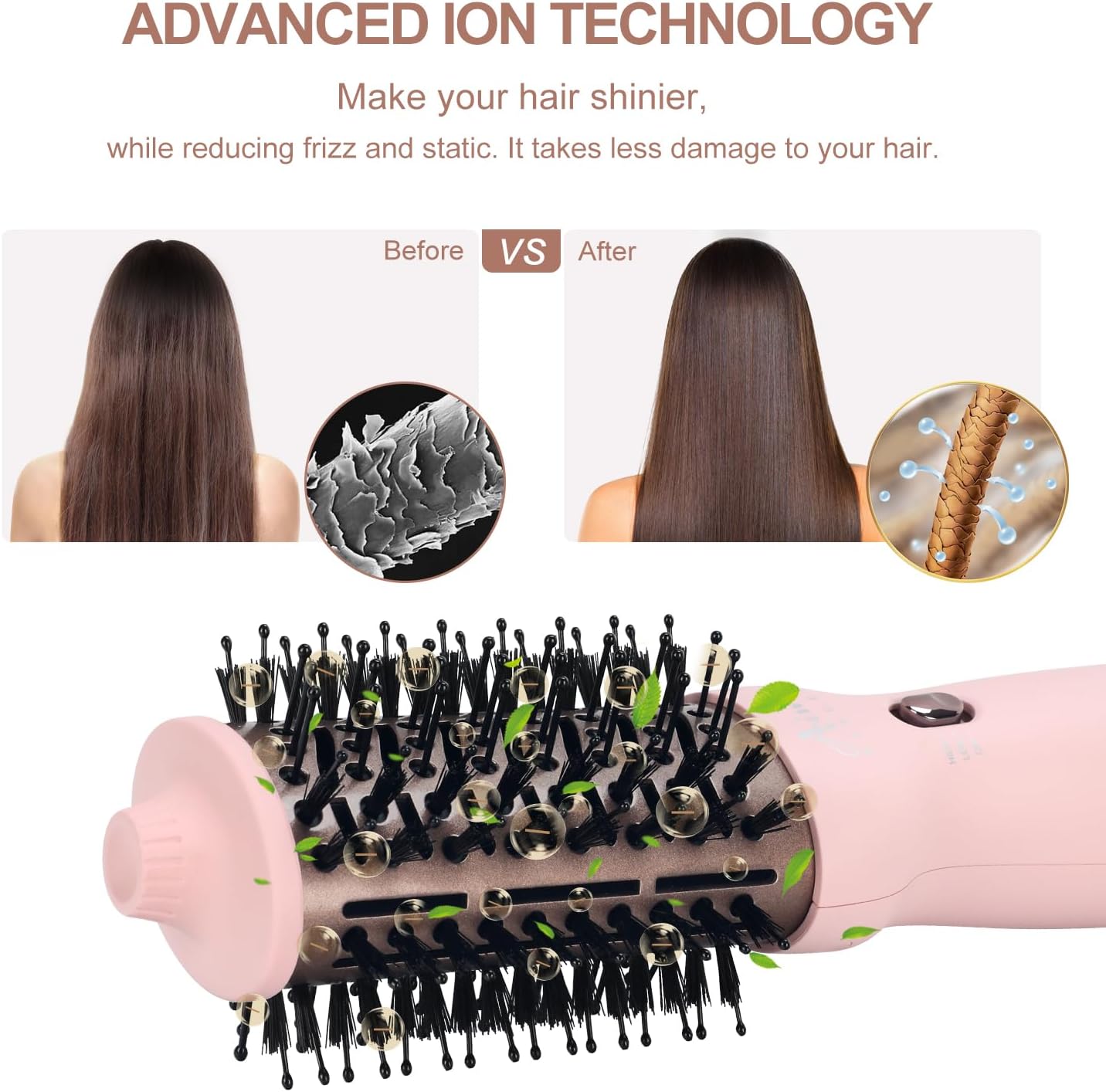 Aima Beauty Worldwide Travel Hair Dryer Brush 110V-240V Dual Voltage Blow Dryer Brush Hot Air Brush with Oval Barrel 360° Hot Airflow, Negative Ionic Frizz-Free Drying/Straightening/Voluming, Pink