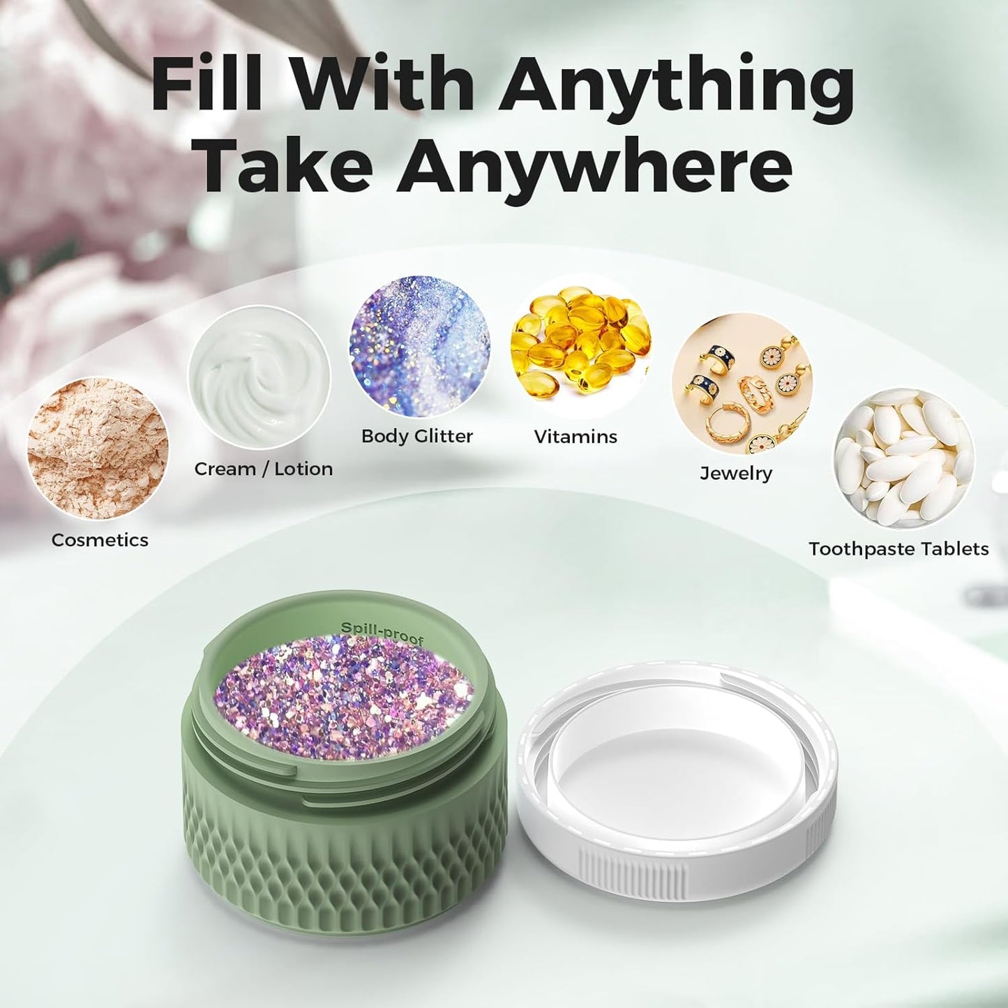 Travel Containers for Toiletries, Silicone Cream Jars BPA Free, TSA Approved 2oz Travel Size Containers, Leak-proof Travel Essentials with Lid for Cosmetic Face Hand Body Glitters