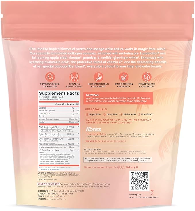 SkinnyFit Super Youth Peach Mango Multi-Collagen Peptides + Probiotics, Baobab Fiber, Apple Cider Vinegar, Hyaluronic Acid, & Vitamin C, Skin, Hair, Joint & Metabolism Support, 30 Servings