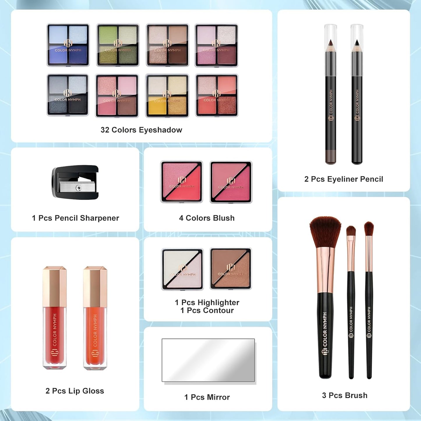 Color Nymph Makeup Kit for Teen Girls – All-in-One Beginner Makeup Set with Eyeshadow, Blush, Highlighter, Bronzer, Contour, Lipsticks, Eyeliner, Brushes & Mirror in Train Case (White)