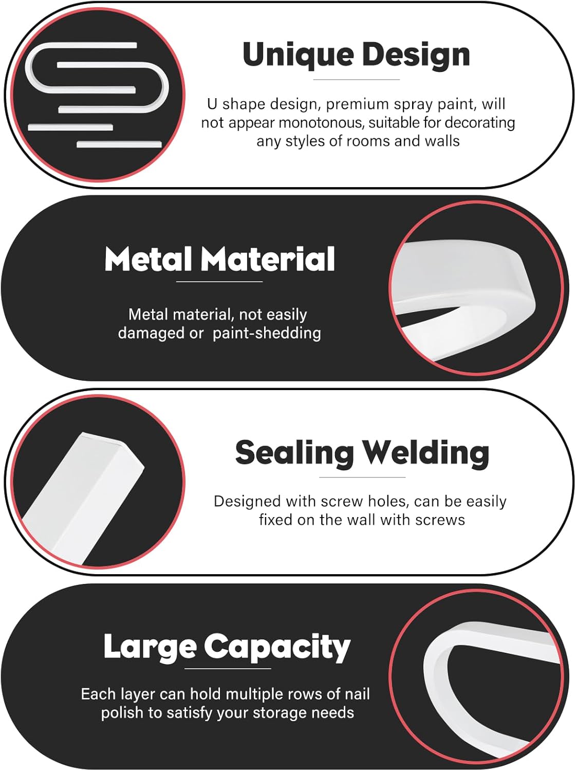 EBANKU 6PCS U Shape Nail Polish Racks Heavy Duty Nail Shelfs for Wall Nail Polish Display Rack Cosmetic Display Cases Nail Polish Organizer Wall Shelf for Home Spa Nail Salon(White)