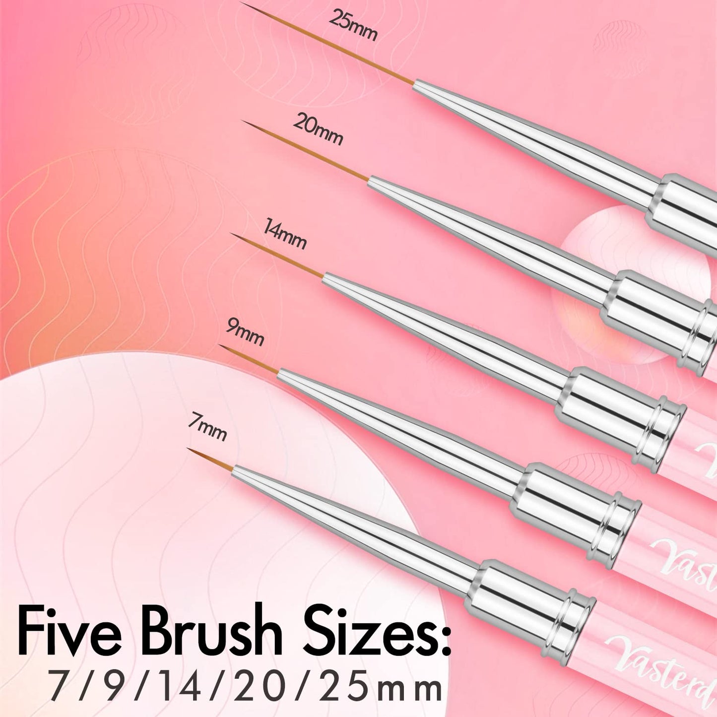 Yasterd Nail Art Brushes, 5pcs Long Nail Art Line Brushes for Details, Fine Designs, Thin Nail Design Brush Set Gel Polish Painting Pens Nail Brushes for Nail Art Sizes 7/9/14/20/25mm