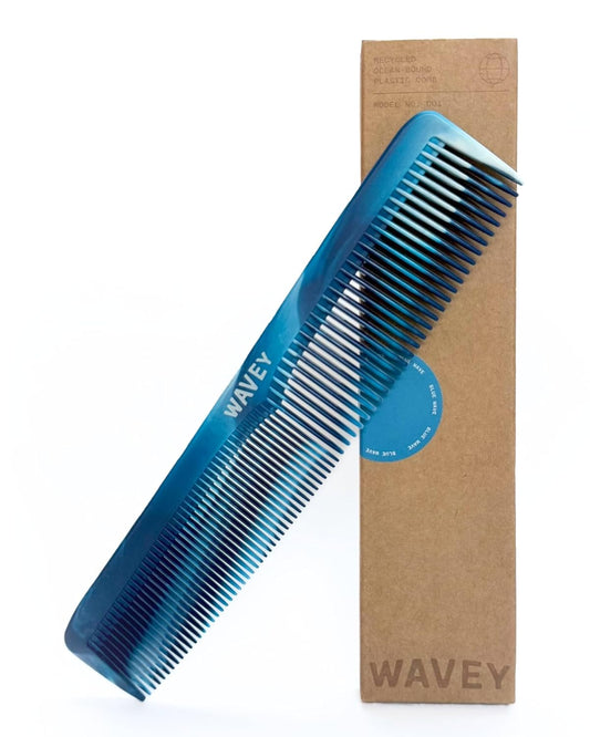 WAVEY Quality Hair Comb for Men and Women, Recycled Ocean Plastic, 7 Inches length perfect for home and travel, Wide and Fine Tooth for thick, thin, wavy, straight and curly hair styling - BLUE