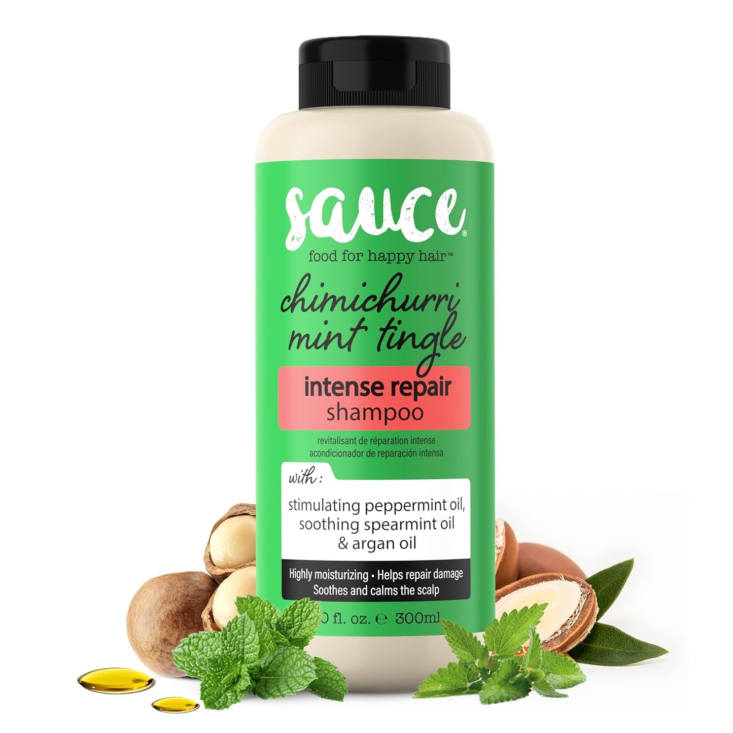 SAUCE Intense Repair Shampoo, Chimichurri Mint Tingle (10 Fl Oz) Soothes & Calms Scalp, Hydrating Shampoo for Damaged Hair with Argan & Peppermint Oil, No Parabens & Sulfates
