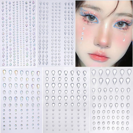Face Gems Self-Adhesive Rhinestone Stickers, 5 Sheets - Teardrop Pearls for Face, Hair, Nails, Body Art | Makeup & Nail Decorations | Beauty Accessories for Women & Teens