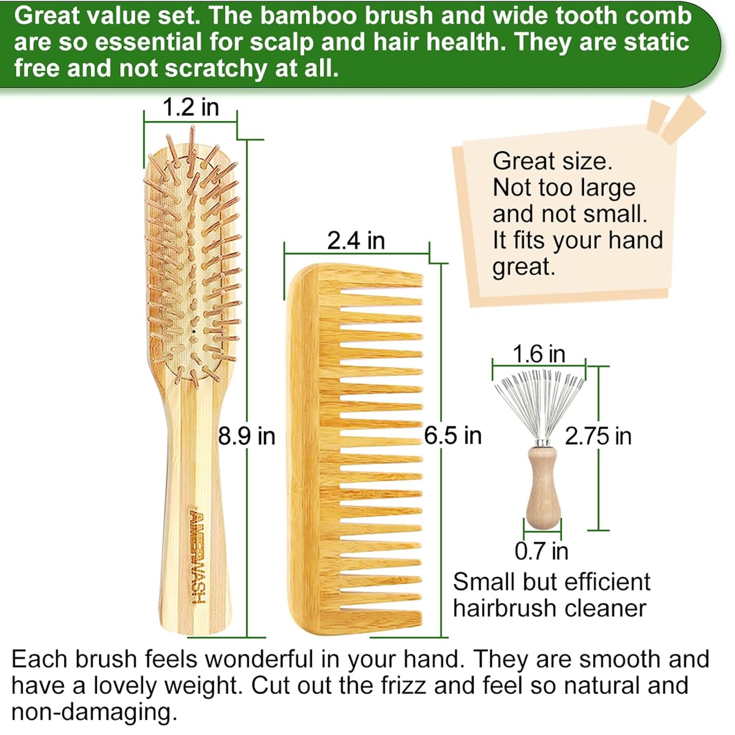 Bamboo Detangling Hairbrush and Wide Tooth Comb Set - Promotes Hair Growth, for Women, Men, Thick, Thin, Curly, Dry Hair - Cleaner Included