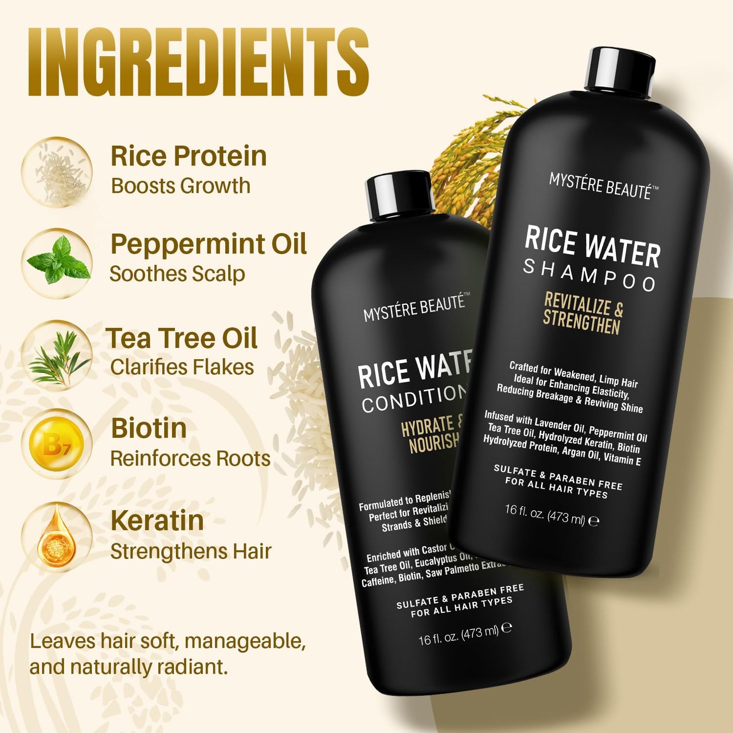 Rice Water Shampoo and Conditioner Set - Ultra-Nourishing Hair Care Set, Promotes Growth, Revitalizes Shine, and Shields from Damage - Infused with Essential Oils - 16 fl oz Each