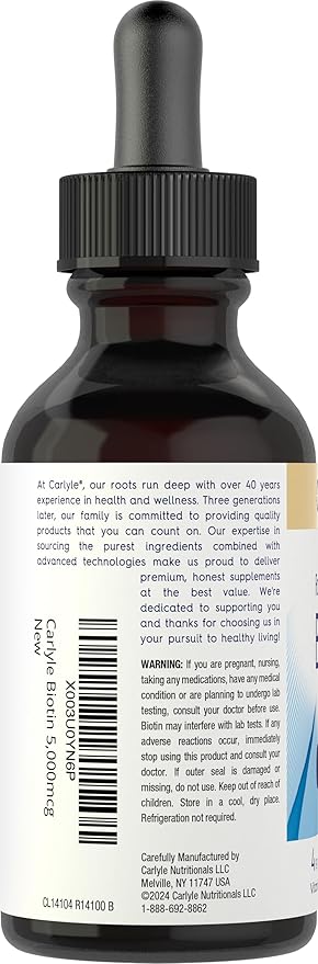 Carlyle Biotin 5000mcg Liquid Drops | 4 fl oz | for Women and Men | Berry Flavor | Beauty Formula | Vegetarian, Non-GMO & Gluten Free Supplement
