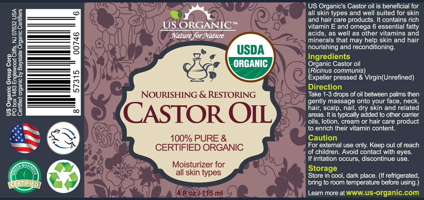 US Organic Castor Oil, USDA Certified Organic,Expeller Pressed, Hexane Free, 100% Pure & Natural moisturizing and Emollient Properties, for Skin, Hair Care, Eyelashes, DIY Projects (4 oz (115 ml))