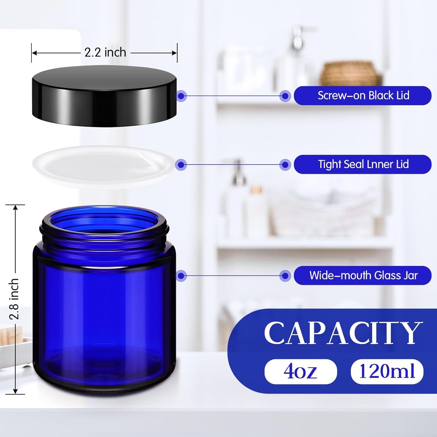 Norme 24 Pcs 4 oz Glass Jars with Lids Leakproof Round Airtight Empty Cosmetic Jars with Inner Liners Lid for Storing Lotions Powder Ointments Candle Making Tins (Blue,Black)