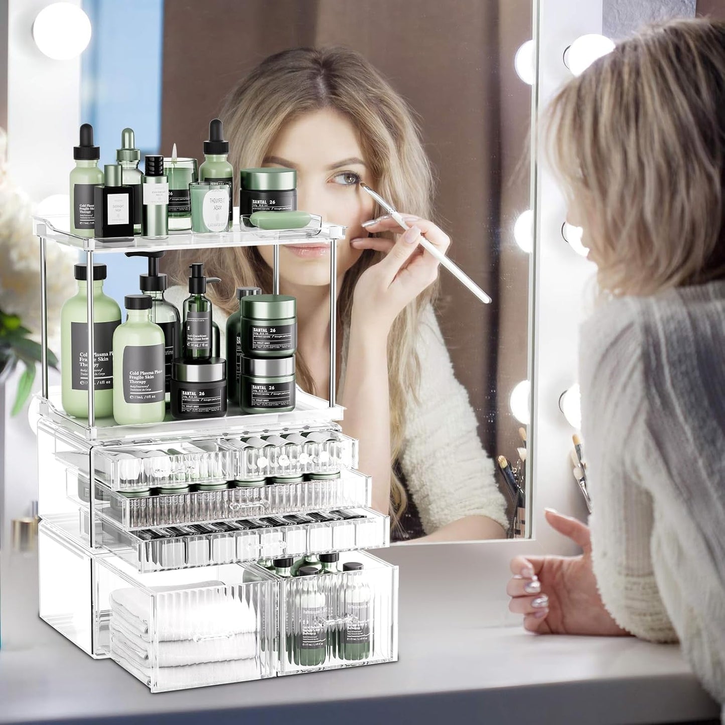 2-Tier 5-Drawer Bathroom Countertop Organizer : Multi-Purpose Makeup Organizer Countertop - Large Skincare Holder Exquisite Vanity Tray - Perfume & Skincare Storage Amber Clear