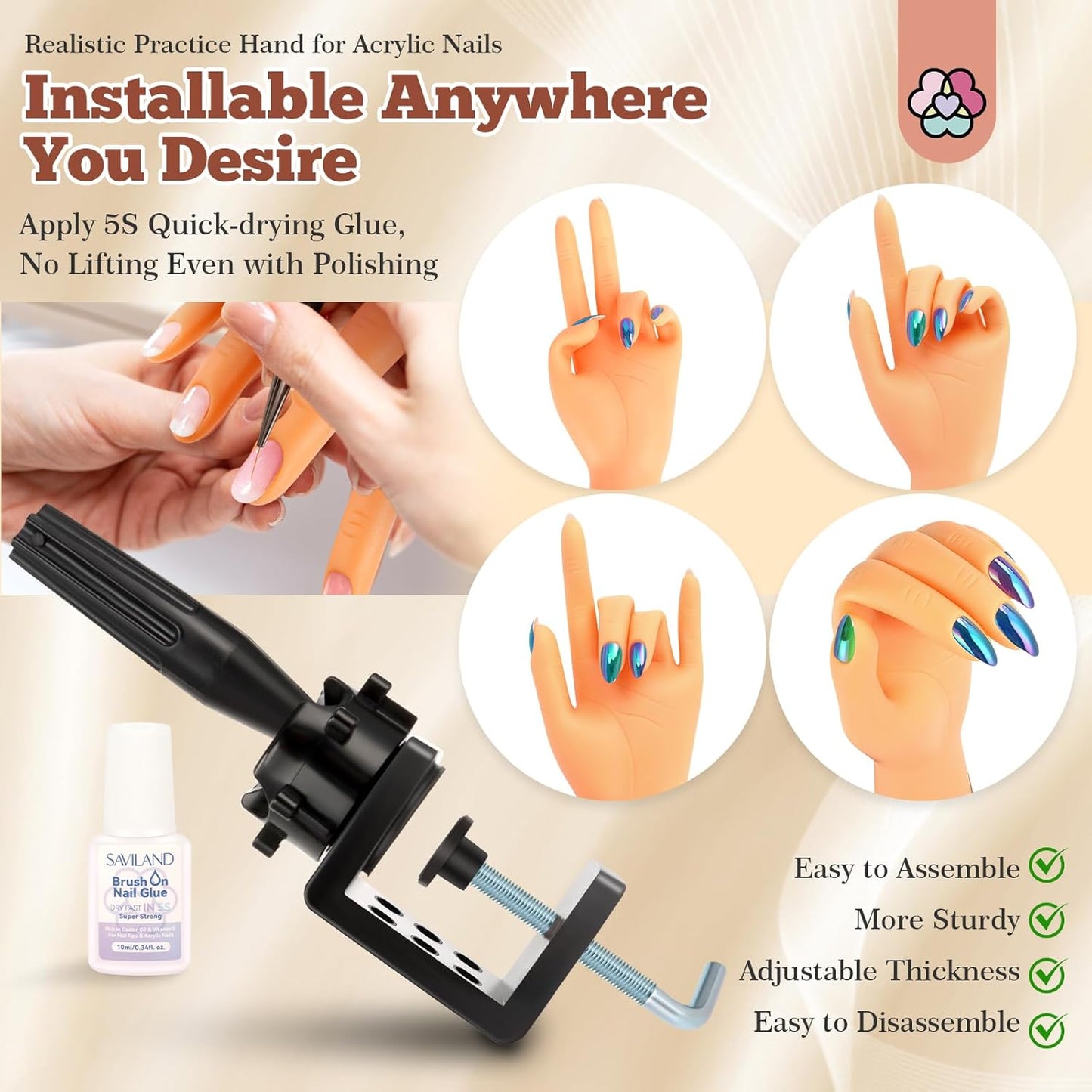 SAVILAND Practice Hand for Acrylic Nails: Flexible & Realistic Nail Practice Hand Mannequin Hand Silicone Nail Hand Practice with 120PCS Nail Tips Nail Glue for Beginners Manicure Training Home