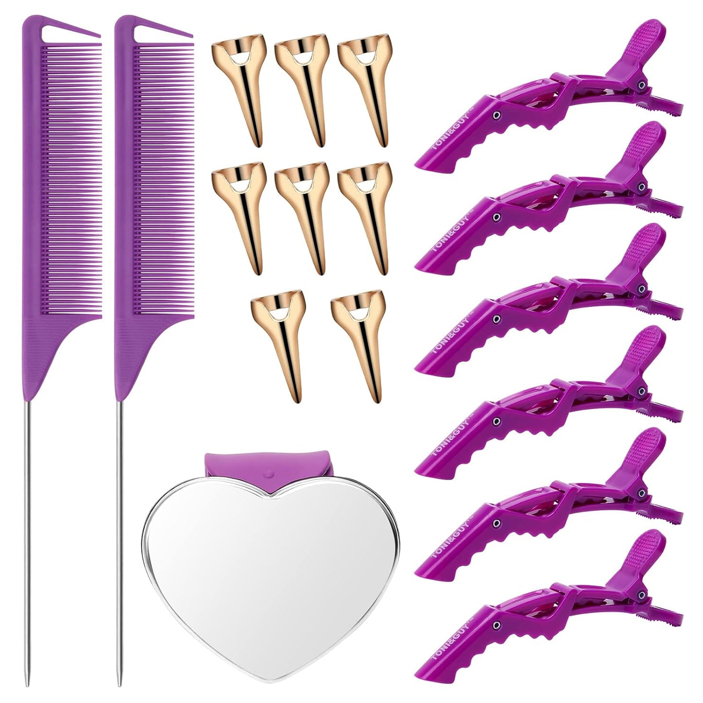 Hair Parting Tools Set, 17 Pieces Including Hair Parting Rings, Sectioning Clips, Rat Tail Combs, Magnetic Wrist Pin Holder for Braiding (Purple)