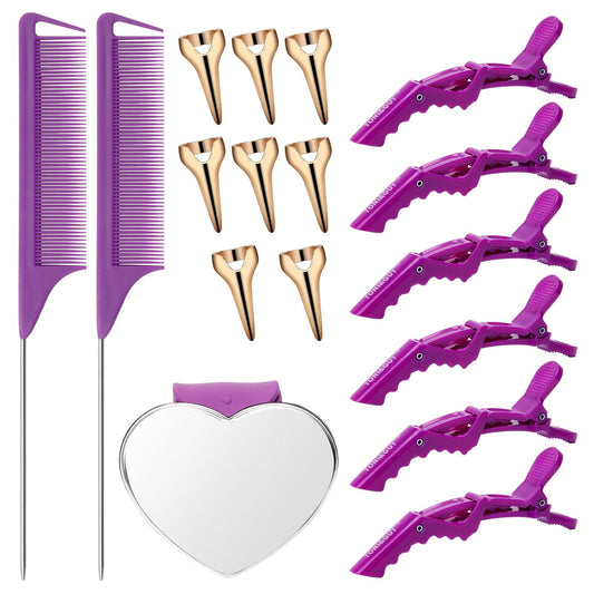 Hair Parting Tools Set, 17 Pieces Including Hair Parting Rings, Sectioning Clips, Rat Tail Combs, Magnetic Wrist Pin Holder for Braiding (Purple)