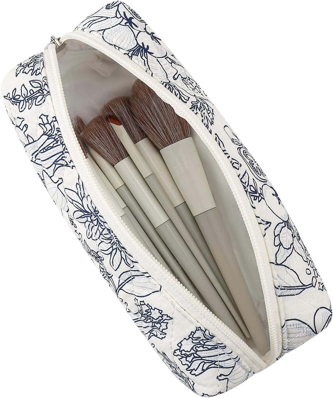 Cute Floral Cotton Makeup Brush Cosmetic Bag for Women, Travel Quilted Zipper Make Up Bag, Flowers Toiletry Organizer Case Kawaii Makeup Cosmetic Travel Cloth Pouch (Navy Blue Flower)