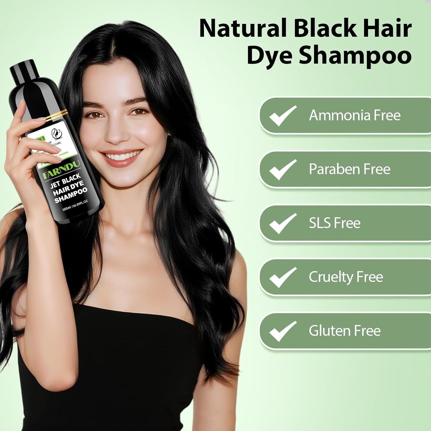 FARNDU Jet Black Hair Dye Shampoo for Women & Men, 3 in 1 Natural Herbal Color Shampoo for 100% Gray Coverage, Ammonia & Paraben Free (500ml)